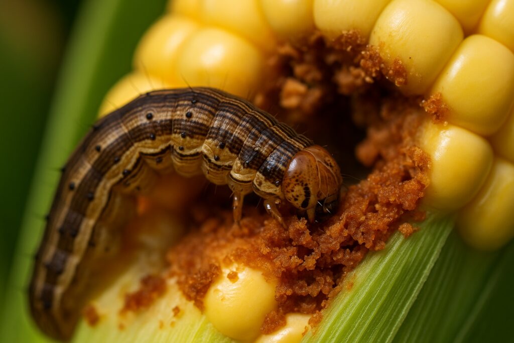 Super macro image of Spodoptera frugiperda damaging corn ear base